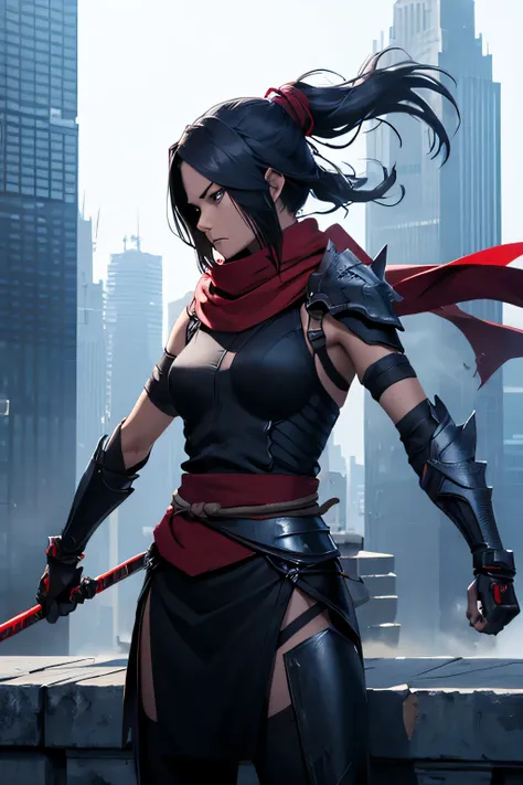 ninja, female, mechanical, heavy metal, armor, darkness, wielding chained sickle, spikes, long red scarf, standing on top of a skyscraper, best quality, high resolution, 8k, dynamic lighting, rough texture, shadowing 