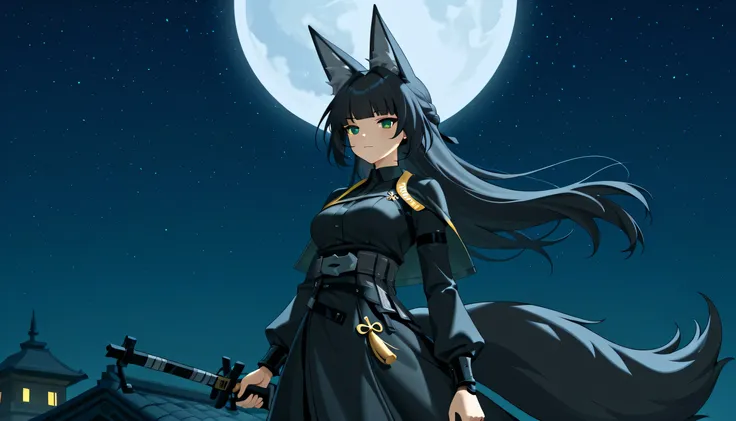 Create an image of Miyabi Hoshimi from Zenless Zone Zero, dressed in a sleek black outfit with intricate golden details, holding a katana firmly in her hand. She has fox ears and a fox tail, adding a mystical and elegant touch to her appearance. She stands...