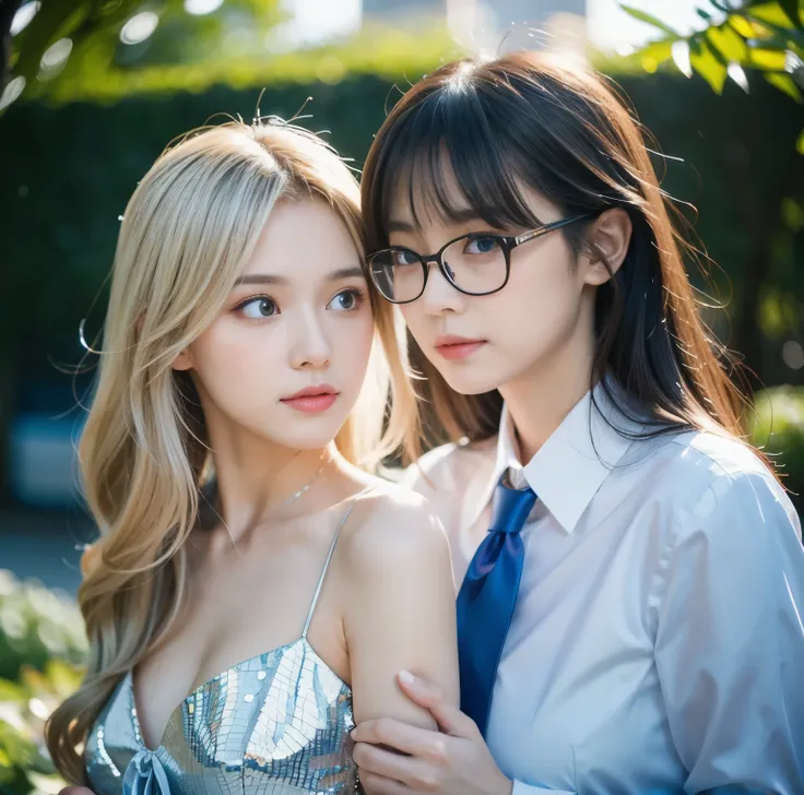 8K quality,  pro pics,  two beautiful girls, 2 people are beautiful like goddesses,  backlit, Above chest shot, (I'm wearing a red string tie:1.2), (thin silver-rimmed glasses),  blond and blue eyed, (flashy and beautiful light blue), Hair flying in the wi...