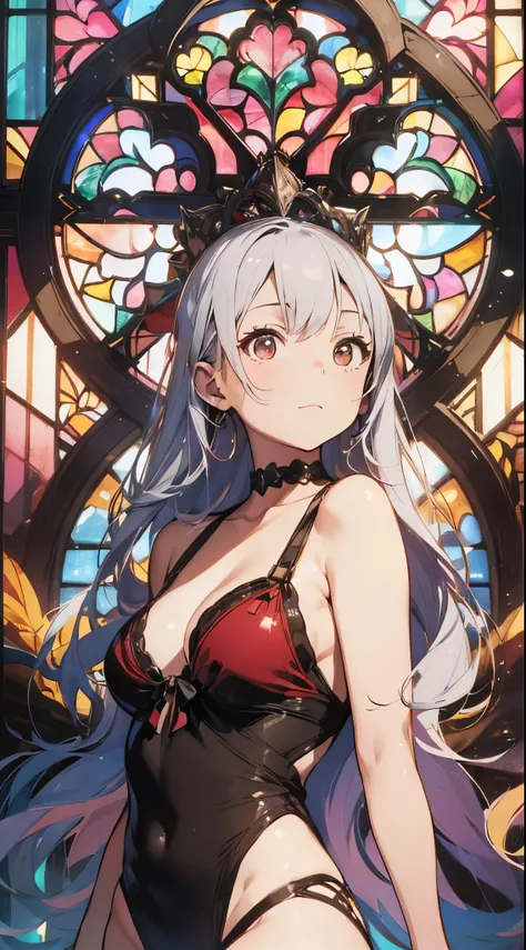 Prompt:
Two young and beautiful Japanese women wearing red bikinis stand gracefully in front of a stunning stained glass backdrop. Their silver hair is rendered with delicate texture, and the soft, colorful light from the stained glass gently envelops them...