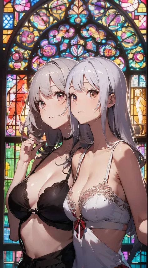 Prompt:
Two young and beautiful Japanese women wearing red bikinis stand gracefully in front of a stunning stained glass backdrop. Their silver hair is rendered with delicate texture, and the soft, colorful light from the stained glass gently envelops them...