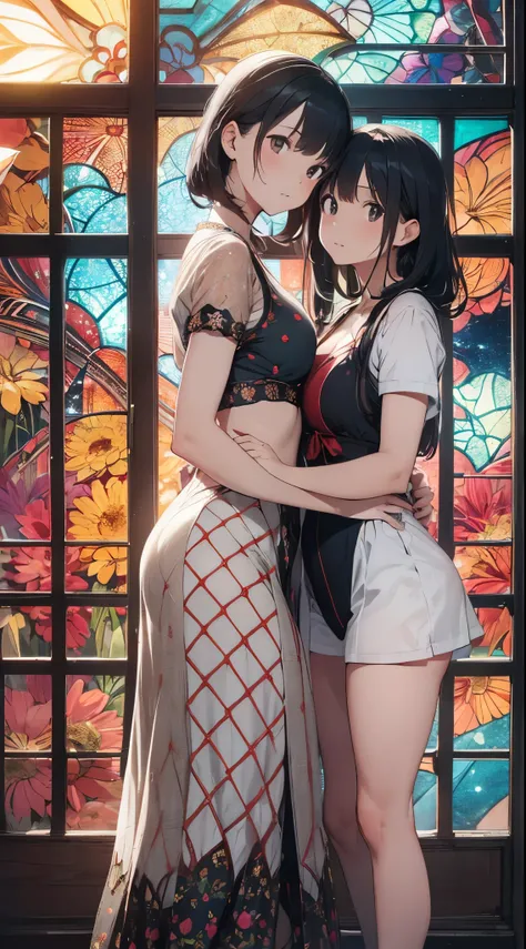 Prompt:
Two young and beautiful Japanese women wearing red bikinis stand gracefully in front of a stunning stained glass backdrop. Their silver hair is rendered with delicate texture, and the soft, colorful light from the stained glass gently envelops them...