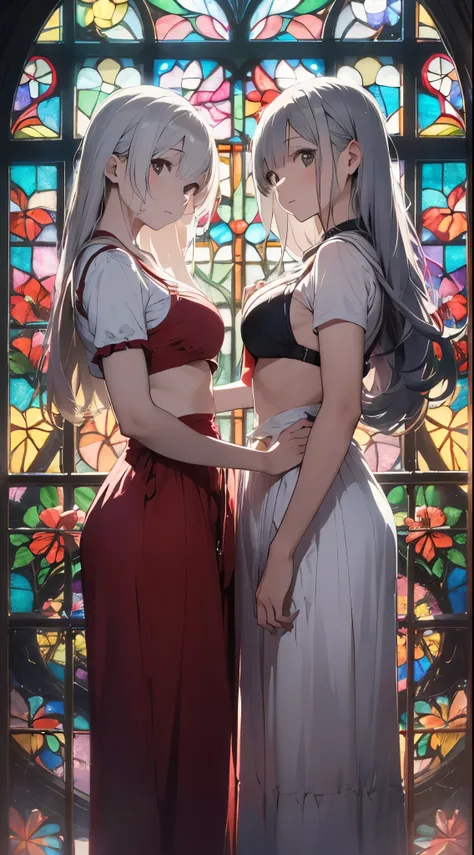 Prompt:
Two young and beautiful Japanese women wearing red bikinis stand gracefully in front of a stunning stained glass backdrop. Their silver hair is rendered with delicate texture, and the soft, colorful light from the stained glass gently envelops them...