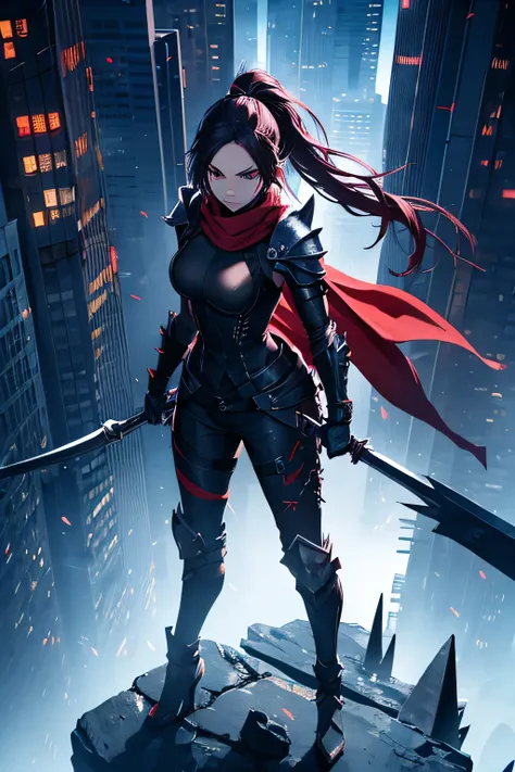 ninja, female, mechanical, heavy metal, armor, darkness, wielding chained sickle, spikes, long red scarf, standing on top of a skyscraper, best quality, high resolution, 8k, dynamic lighting, rough texture, shadowing 