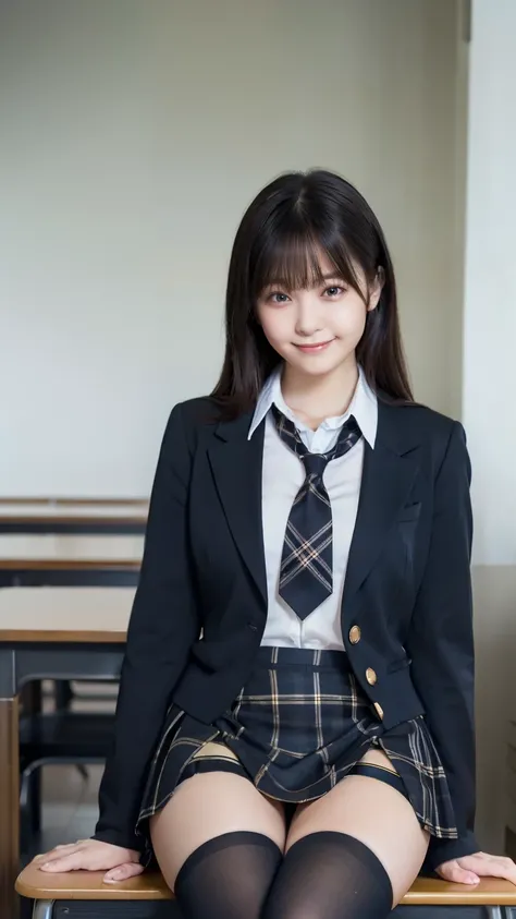 (Highest quality, 4K, 8k, High resolution, masterpiece, Genuine, Realistic, Realistic:1.3), only body image:1.5, (Focused  downer body, only body image), Girl sitting on the school desk in classroom, blue neckerchief Uniform, Dark Blown Blazer, blown plaid...