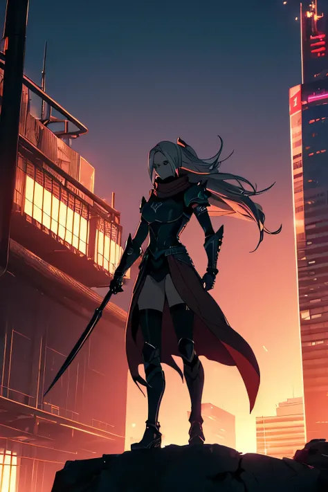 ninja, female, mechanical, heavy metal, armor, darkness, wielding chained sickle, spikes, long red scarf, standing on top of a skyscraper, best quality, high resolution, 8k, dynamic lighting, rough texture, shadowing 