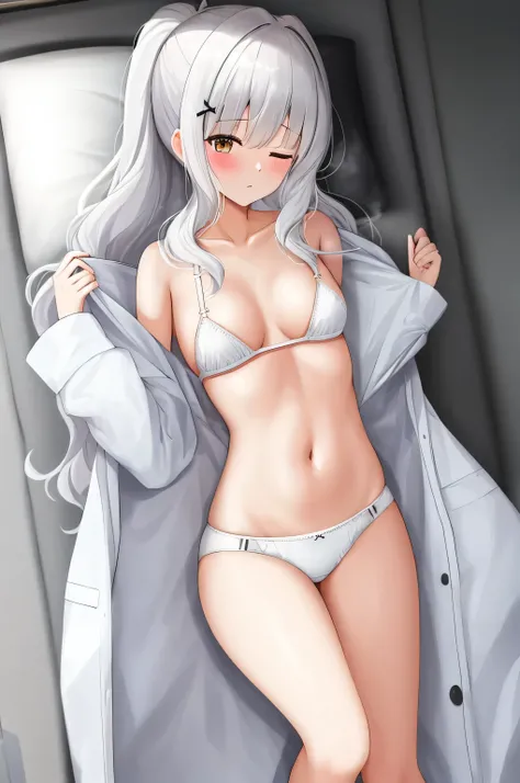 1 girl, underwear, whitehair, thigh, white_underwear,，  long_hair, Chest,  White pajamas，Unbuttoned pajamas，Disclosure of income，Umbilical cord，bare stomach，with eyes closed，with eyes closed， exist_Back, in the bedroom, Hips,  bangs, , blush, lying on the ...