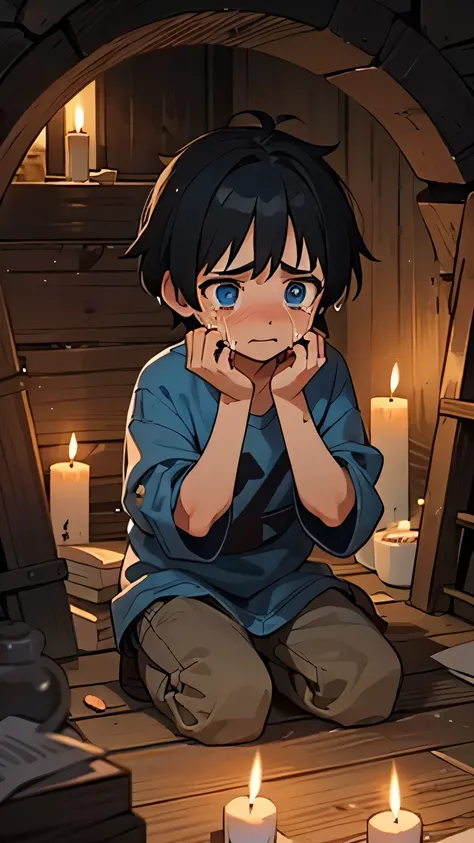 age boy with short, disheveled, black hair. Big blue eyes. Crying, sad. Tears on his face. Wearing old, dirty clothes, old European style. Inside a cave, surrounded by wooden boxes and candles.