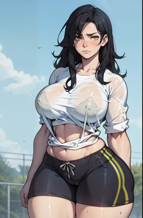 huge muscles big breasts black hair yellow eyes pale skin striped top bike shorts sad empty eyes embarrassed see through 