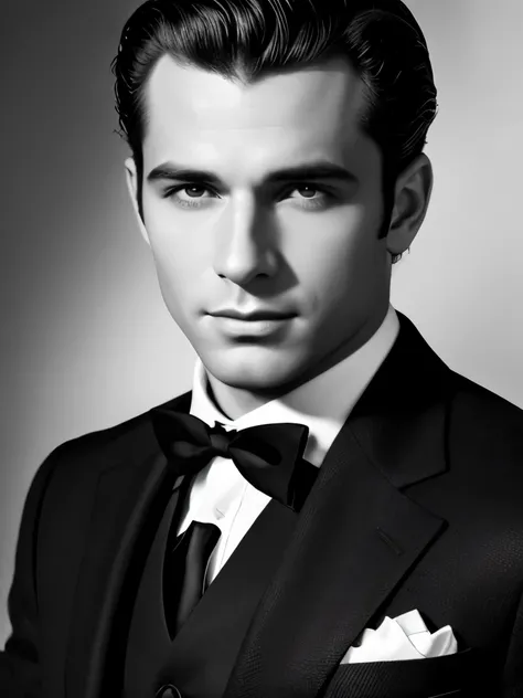 arafed black and white photo of a man in a suit and tie, a portrait inspired by George Hurrell, flickr, pop art, 1 9 2 0 s film actor, handsome man, very attractive and beautiful, pitt, attractive and good looking, handsome face, handsome face and beautifu...