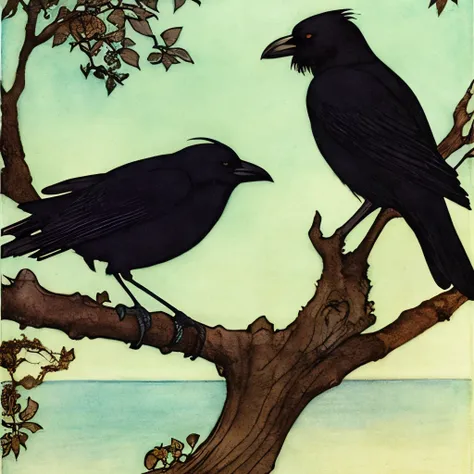 painting of a black bird sitting on a branch of a tree, by Edmund Dulac, crows as a symbol of death, by Charles Maurice Detmold, arthur rackham. masterpiece, inspired by Edmund Dulac, style of carlos schwabe, arthur rackham art, by Jessie M. King, by Warwi...