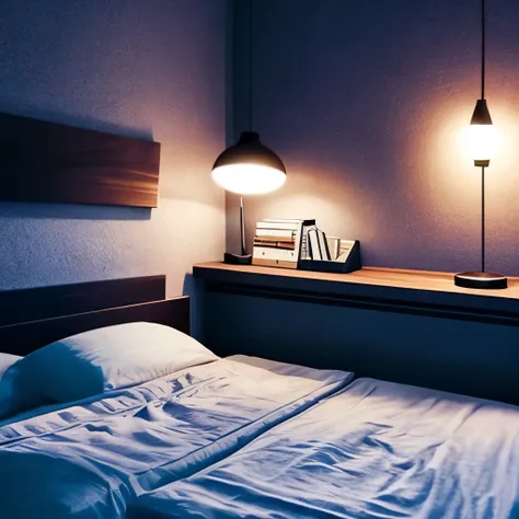 there is a bed with a book and a lamp next to it, cozy place, cozy room, cosy atmoshpere, cozy aesthetic, dim bedroom, comfy ambience, cozy and peaceful atmosphere, cosy vibes, cozy bed, cozy atmospheric, cozy environment, cozy and calm, soviet apartment, ...