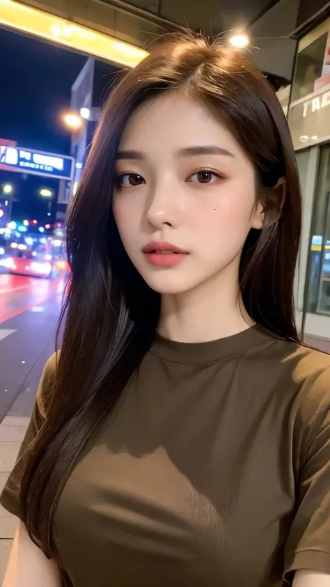 (Premium、High Resolution、masterpiece:1.3)、 Beautiful Woman 、 Slim Body 、Dark Brown Hair、t-shirt、(City night streets )、Height Delicate face and skin texture、A Delicate Eye、 Double Eyelids、full bodyesbian