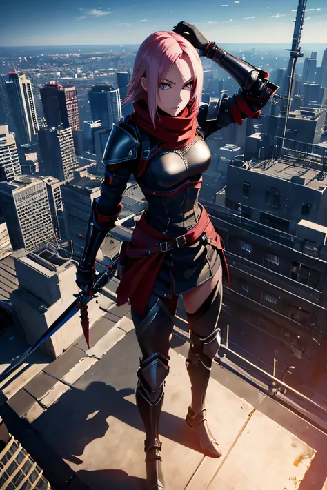 ninja, female, mechanical, heavy metal, armor, darkness, wielding chained sickle, spikes, long red scarf, standing on top of a skyscraper, best quality, high resolution, 8k, dynamic lighting, rough texture, shadowing 