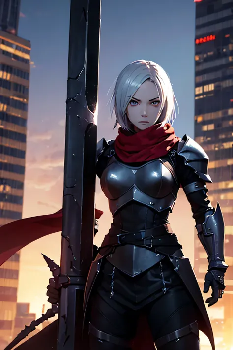 ninja, female, mechanical, heavy metal, armor, darkness, wielding chained sickle, spikes, long red scarf, standing on top of a skyscraper, best quality, high resolution, 8k, dynamic lighting, rough texture, shadowing 