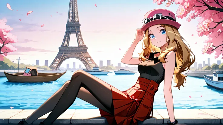 masterpiece, better quality, medium breasts, (curve) ,,,to break, ZZSerena , Alone, long hair, blue eyes, glasses in headwear, pink hat, eyelash, sleeveless shirt, black shirt, bracelet, high-waisted skirt, red skirt, black tights,zzEiffel Tower in th...