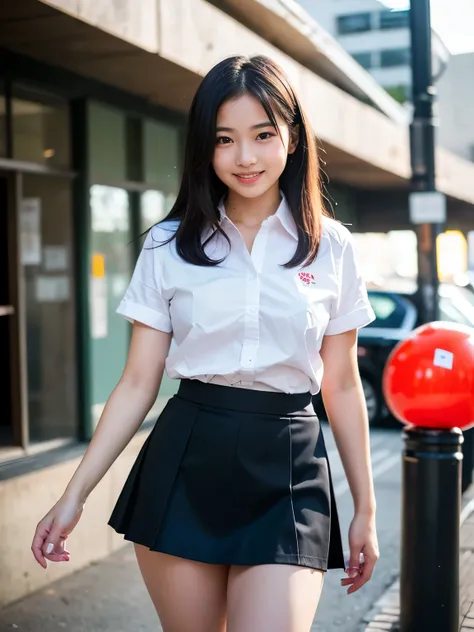 (Best quality, Masterpiece, Ultra High Resolution, (Photorealistic:1.4), Raw Photo, depth of field, professional lighting, perfect anatomy, extremely details), at street, (from below), 1girl, 15-years-old, the most famous Japanese idol, standing, looking d...