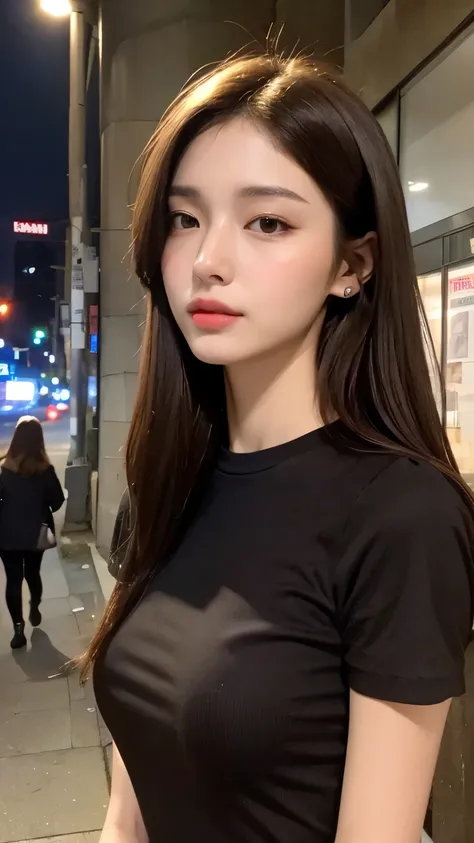 (Premium、High Resolution、masterpiece:1.3)、 Beautiful Woman 、 Slim Body 、Dark Brown Hair、t-shirt、(City night streets )、Height Delicate face and skin texture、A Delicate Eye、 Double Eyelids、full bodyesbian