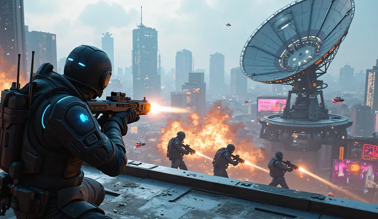 "A third-person shooter video game scene set on a high-tech futuristic city rooftop during daytime. The player character, wearing an advanced tactical suit with glowing blue accents, is crouched behind a sleek metal barrier for cover, holding a futuristic ...