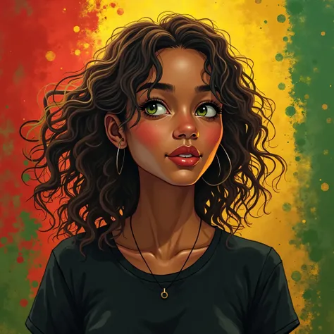 A blonde girl with wavy hair and green eyes is wearing a black shirt and the colors of Rastafari fill the picture in a cheerful way.