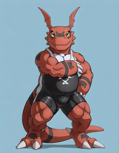 guilmon, high quality, male, solo, simple background, no background, looking at viewer, posing, full body, thick arms, ((wearing black wrestling_singlet, black wrestling singlet)), thick legs