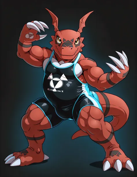 guilmon, high quality, male, solo, simple background, no background, looking at viewer, posing, full body, thick arms, thick legs, ((wearing black wrestling_singlet, black wrestling singlet)), (wrestling stance, wrestling pose)