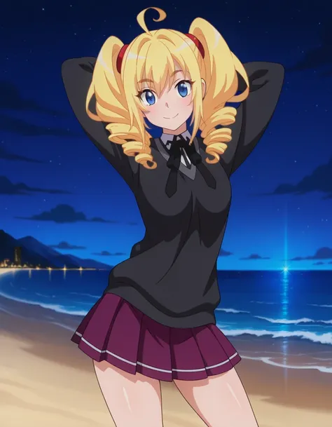 RavelSchool, anime screencap, masterpiece, drill hair, twintails, blonde hair, blue eyes, ahoge, hair scrunchie, red scrunchie, black sweater, neck ribbon, black ribbon, pleated skirt, purple skirt, shiny skin, high quality, solo, night sky, beach, hands b...