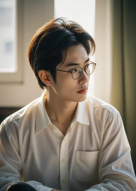 Young Vietnamese man, sitting in front of the window with sunlight effect on his face, slightly sad, well-proportioned body, white shirt, elegant, v-line face, wearing glasses