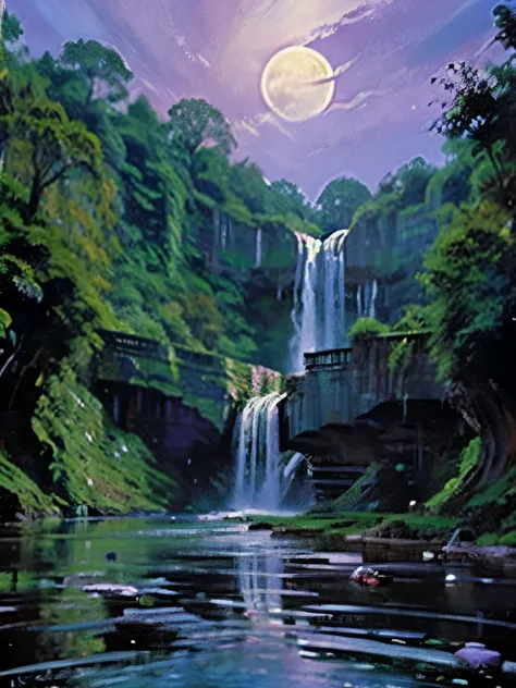 a purple and blue waterfall with a full moon in the sky, a digital painting by Ju Lian, trending on pexels, fantasy art, nebula waterfalls, galactic waterfalls, alien waterfall, stunning waterfall, beautiful stunning waterfall, cascading iridescent waterfa...