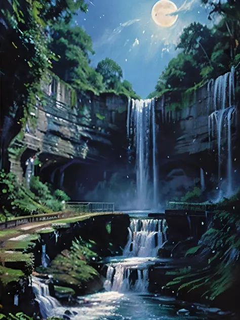 a purple and blue waterfall with a full moon in the sky, a digital painting by Ju Lian, trending on pexels, fantasy art, nebula waterfalls, galactic waterfalls, alien waterfall, stunning waterfall, beautiful stunning waterfall, cascading iridescent waterfa...