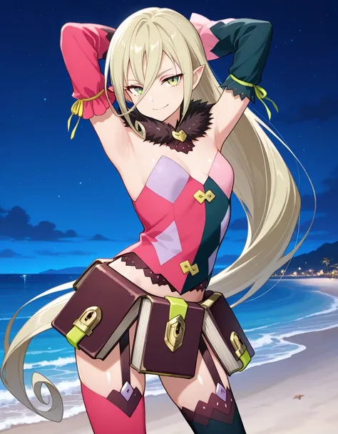 M4gil0u, green eyes, pointy ears, blonde hair, very long hair, hair between eyes, fur collar, multicolored vest, strapless, detached sleeves, mismatched sleeves, book skirt, asymmetrical legwear, thighhighs, garter straps, anime screenshot, shiny skin, hig...