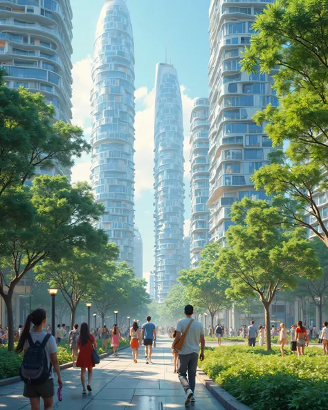 A futuristic cityscape where technology and nature coexist harmoniously. People are smiling, robots are helping with tasks, and green spaces are abundant. The text reads 'Building a Happier Tomorrow