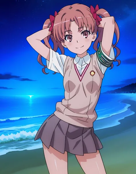 Shirai Kuroko,
long hair,pink hair,wavy hair,twintails,hair bow,red bow,hair ribbon,red ribbon,parted bangs,pink eyes
tokiwadai school uniform,brown sweater vest,white shirt,collared shirt,armband,short sleeves,small breasts,miniskirt,grey skirt,pleated sk...
