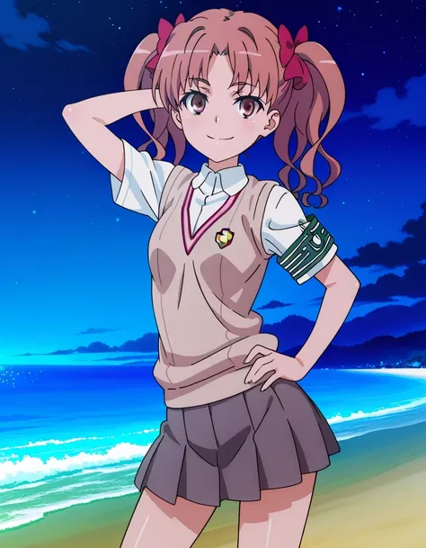 Shirai Kuroko,
long hair,pink hair,wavy hair,twintails,hair bow,red bow,hair ribbon,red ribbon,parted bangs,pink eyes
tokiwadai school uniform,brown sweater vest,white shirt,collared shirt,armband,short sleeves,small breasts,miniskirt,grey skirt,pleated sk...