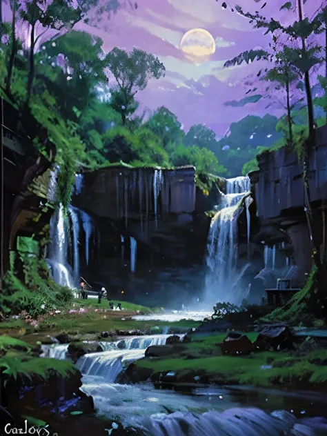 a purple and blue waterfall with a full moon in the sky, a digital painting by Ju Lian, trending on pexels, fantasy art, nebula waterfalls, galactic waterfalls, alien waterfall, stunning waterfall, beautiful stunning waterfall, cascading iridescent waterfa...