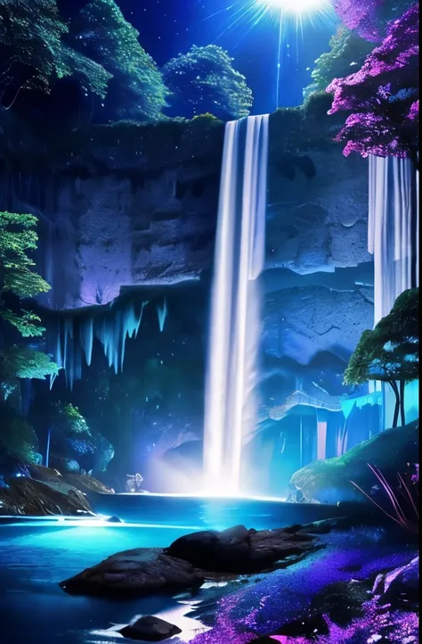 a purple and blue waterfall with a full moon in the sky, nebula waterfalls, galactic waterfalls, alien waterfall, stunning waterfall, beautiful stunning waterfall, cascading iridescent waterfalls, bioluminescent waterfall, floating waterfalls, immense wate...