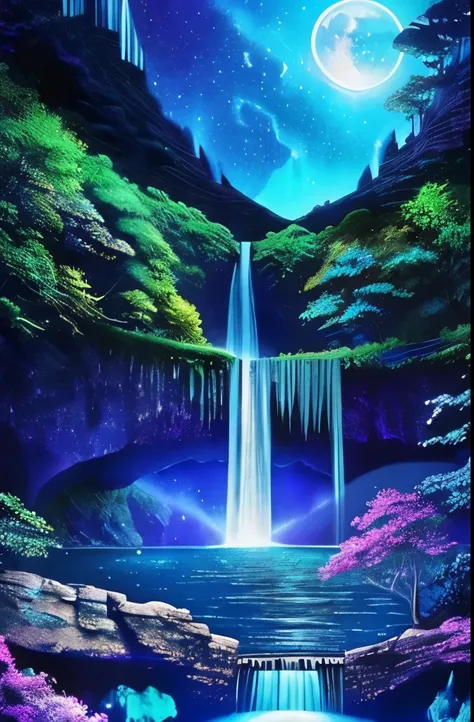 a purple and blue waterfall with a full moon in the sky, nebula waterfalls, galactic waterfalls, alien waterfall, stunning waterfall, beautiful stunning waterfall, cascading iridescent waterfalls, bioluminescent waterfall, floating waterfalls, immense wate...