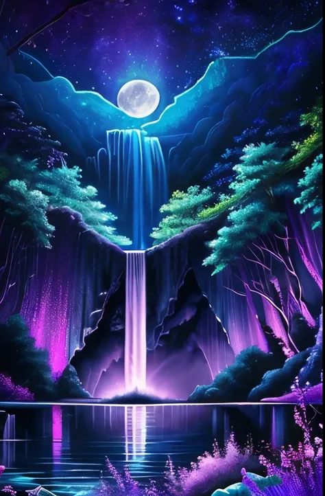 a purple and blue waterfall with a full moon in the sky, a digital painting by Ju Lian, trending on pexels, fantasy art, nebula waterfalls, galactic waterfalls, alien waterfall, stunning waterfall, beautiful stunning waterfall, cascading iridescent waterfa...