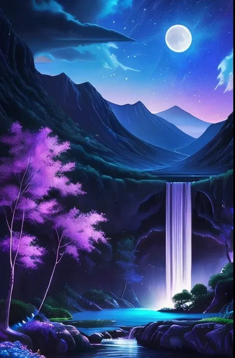 a purple and blue waterfall with a full moon in the sky, a digital painting by Ju Lian, trending on pexels, fantasy art, nebula waterfalls, galactic waterfalls, alien waterfall, stunning waterfall, beautiful stunning waterfall, cascading iridescent waterfa...