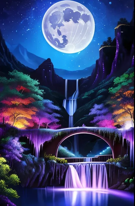 a purple and blue waterfall with a full moon in the sky, a digital painting by Ju Lian, trending on pexels, fantasy art, nebula waterfalls, galactic waterfalls, alien waterfall, stunning waterfall, beautiful stunning waterfall, cascading iridescent waterfa...