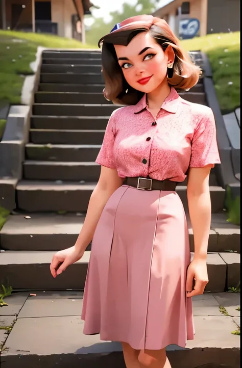 araffe woman in a pink shirt and brown skirt standing on a stone step, dressed like in the 1940s, 1930s style clothing, ww2 era, 1950s vibes, 50s style, 5 0 s style, 1 9 5 0 s style, vintage fashion, brown and pink color scheme