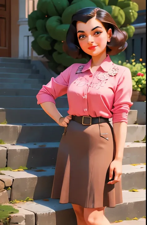 araffe woman in a pink shirt and brown skirt standing on a stone step, a portrait inspired by Evaline Ness, instagram, renaissance, dressed like in the 1940s, 1930s style clothing, ww2 era, 1950s vibes, 50s style, 5 0 s style, 1 9 5 0 s style