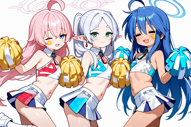 3girls,(closed eye,=w=),seductive smile,Izumi Konata,frieren,Takanashi Hoshino\(blue archive)\,twintails, {upper body}, {bishoujo}, small chest, millennium cheerleader outfit (blue archive), knee high socks, white socks, one leg up, standing, navel, bare s...