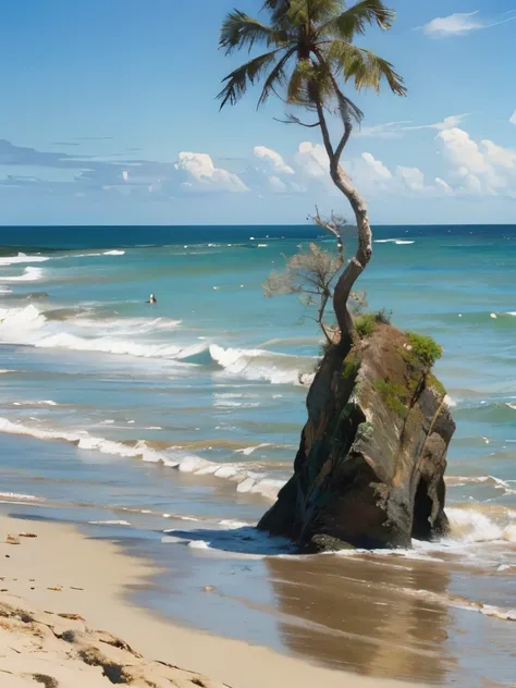 there is a dead tree that is in the water on the beach, a picture by artist, instagram, land art, unfinished roots of white sand, driftwood, beach trees in the background, gnarly trees, incredibly beautiful, breath taking, stunning sight, tentacles rising ...