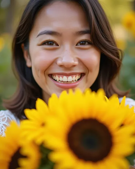 A close-up of a person holding a bouquet of sunflowers, with a bright smile on their face