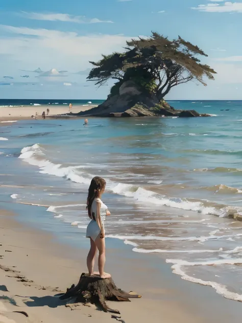 there is a dead tree that is in the water on the beach, unfinished roots of white sand, driftwood, beach trees in the background, gnarly trees, incredibly beautiful, breath taking, stunning sight, tentacles rising from the sea, the lost beach, driftwood sc...