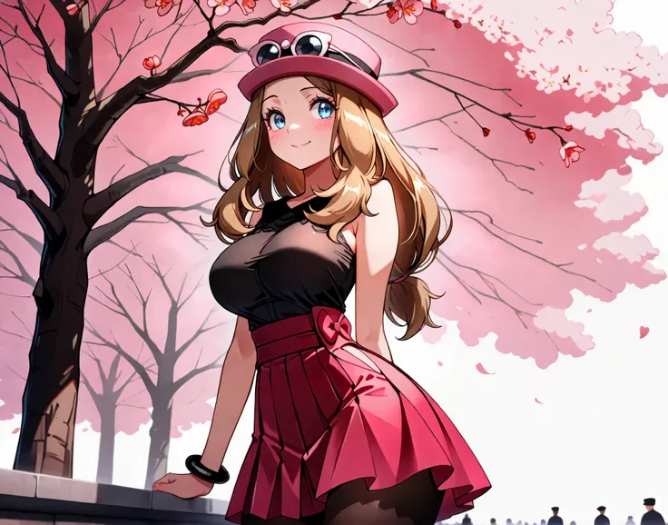 masterpiece, better quality,,,to break, ZZSerena , Alone, long hair, blue eyes, glasses in headwear, pink hat, eyelash, sleeveless shirt, black shirt, bracelet, high-waisted skirt, red skirt, black tights, side view, looking at the viewer, smile,,, b...