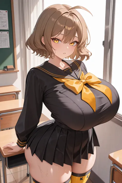 masterpiece, best quality, absurdres, highres, newest, 1girl, solo, ansrd, yellow eyes, brown hair, short hair, hair between eyes, ahoge, huge breasts, school uniform, yellow bowtie, black serafuku, black skirt, looking at viewer, parted lips, indoors, cla...