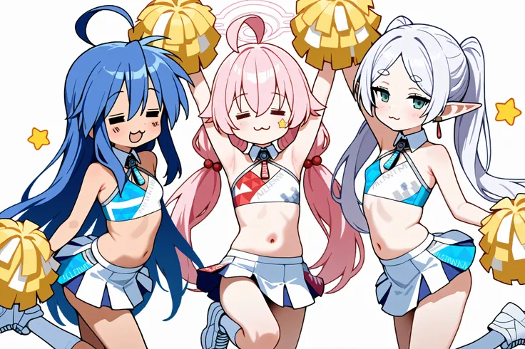 3girls,(=w=, :3, = =, eyes closed),seductive smile,Izumi Konata,frieren,Takanashi Hoshino\(blue archive)\,twintails, {upper body}, {bishoujo}, small chest, millennium cheerleader outfit (blue archive), knee high socks, white socks, one leg up, standing, na...