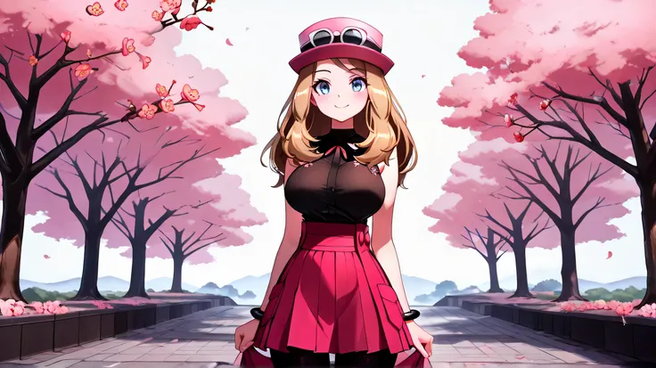masterpiece, better quality,,,to break,  ZZSerena  , Alone,  long hair, blue eyes, glasses in headwear, pink hat, eyelash, sleeveless shirt, black shirt, bracelet, high-waisted skirt,  red skirt, black tights,  side view, looking at the viewer,  smile,,, b...